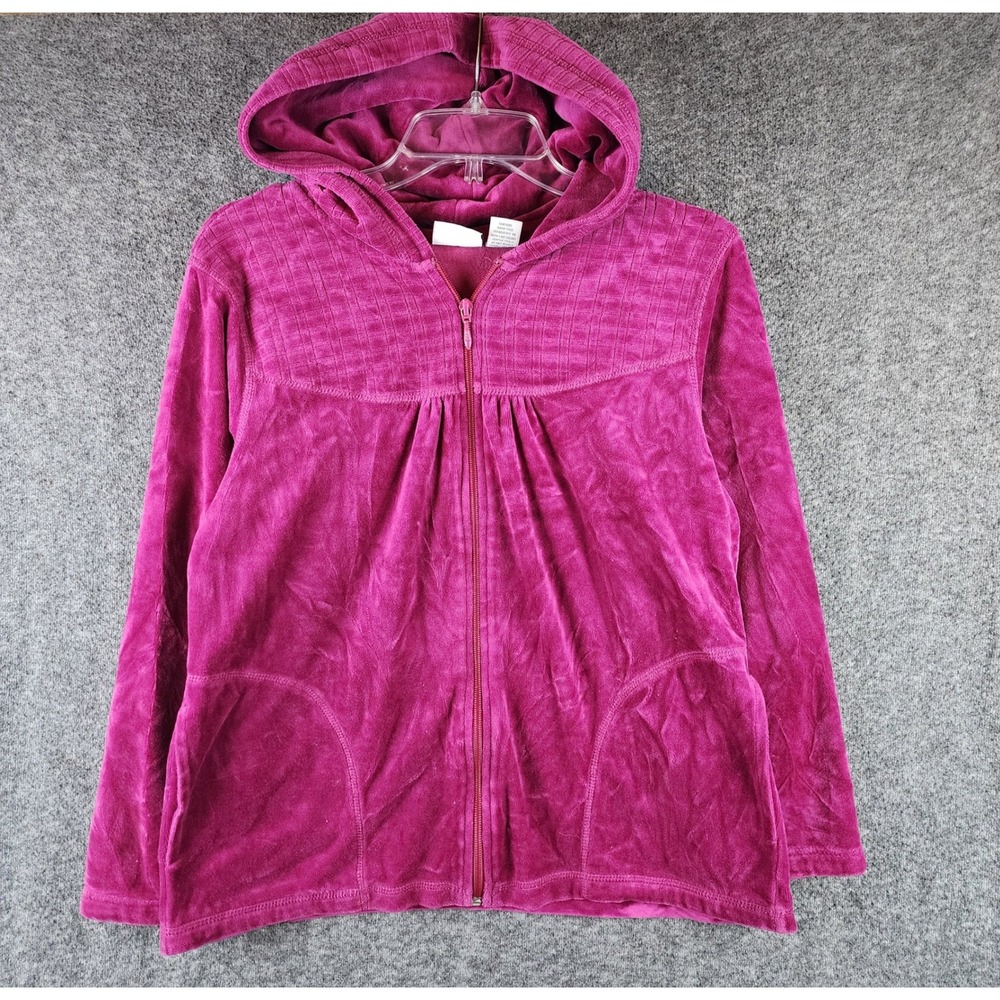 Kim Rogers Hoodie Womens Medium Pink Full Zip Velour Quilted Yoke EUC